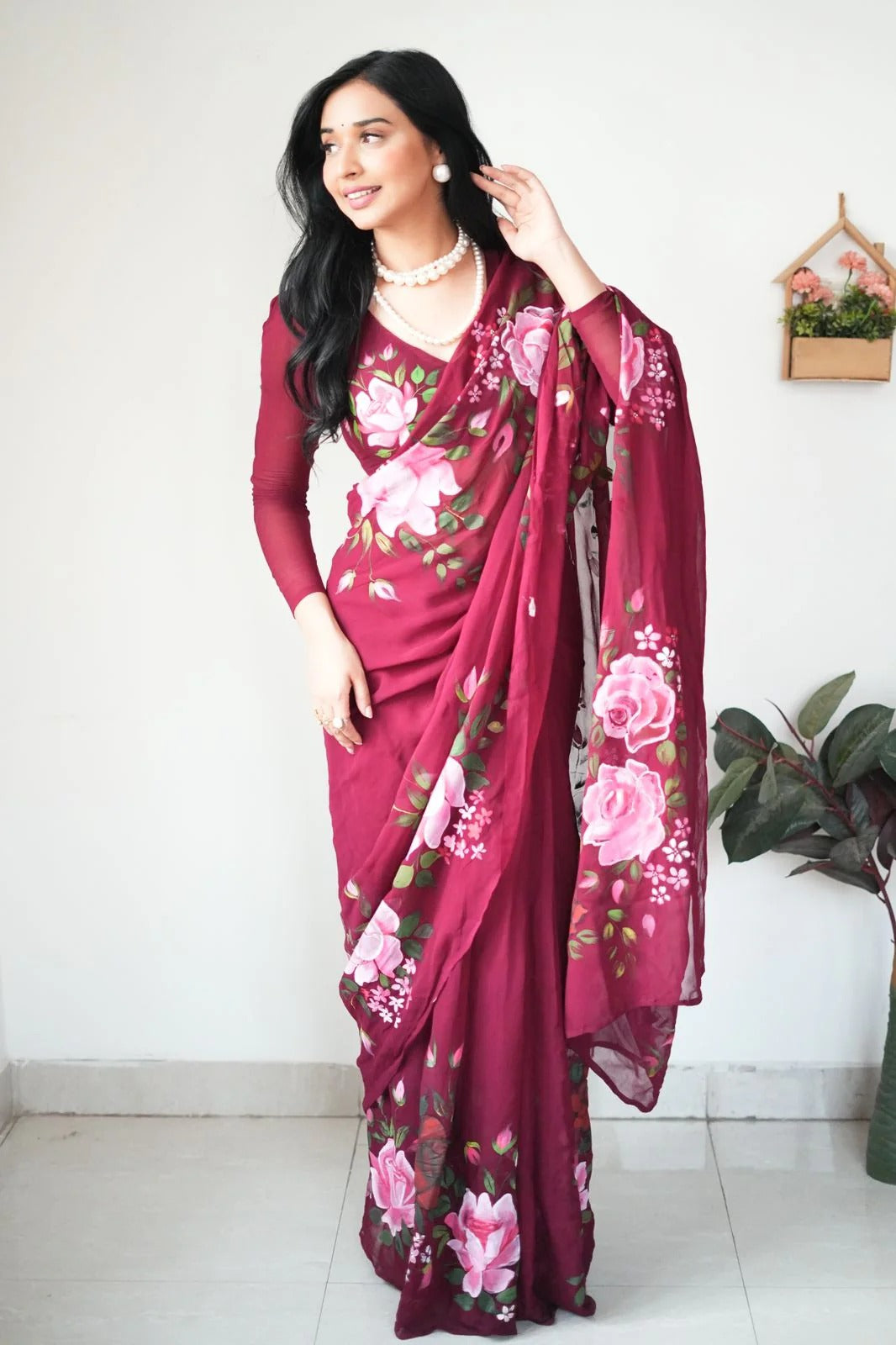 Desuetude 1 Minute Ready To Wear Maroon Floral Digital Printed Georgette Saree