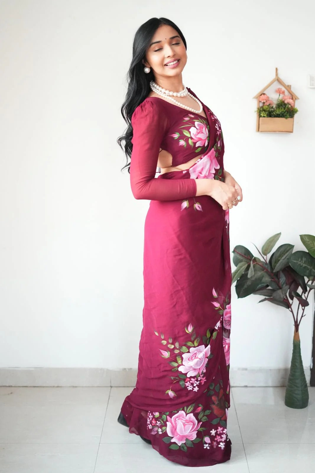 Desuetude 1 Minute Ready To Wear Maroon Floral Digital Printed Georgette Saree