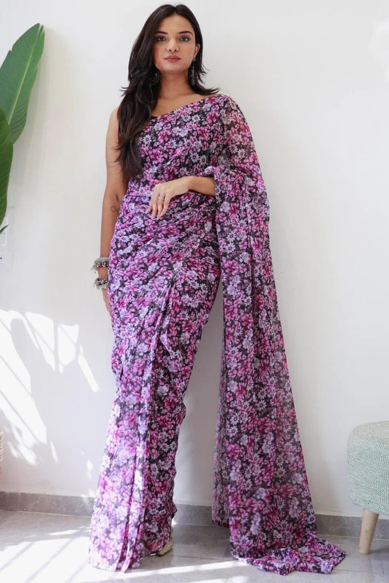 Appealing 1-Minute Ready To Wear Purple Floral Digital Printed Georgette Saree