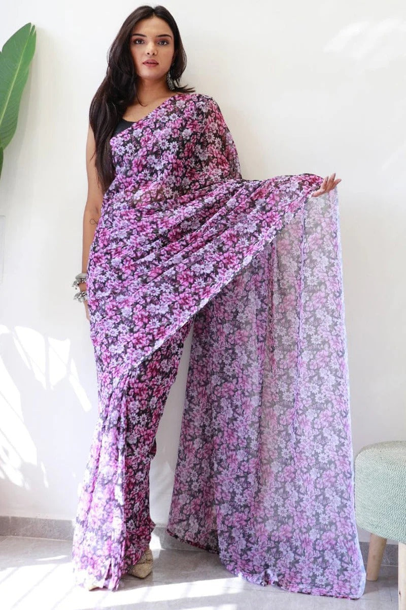 Appealing 1-Minute Ready To Wear Purple Floral Digital Printed Georgette Saree