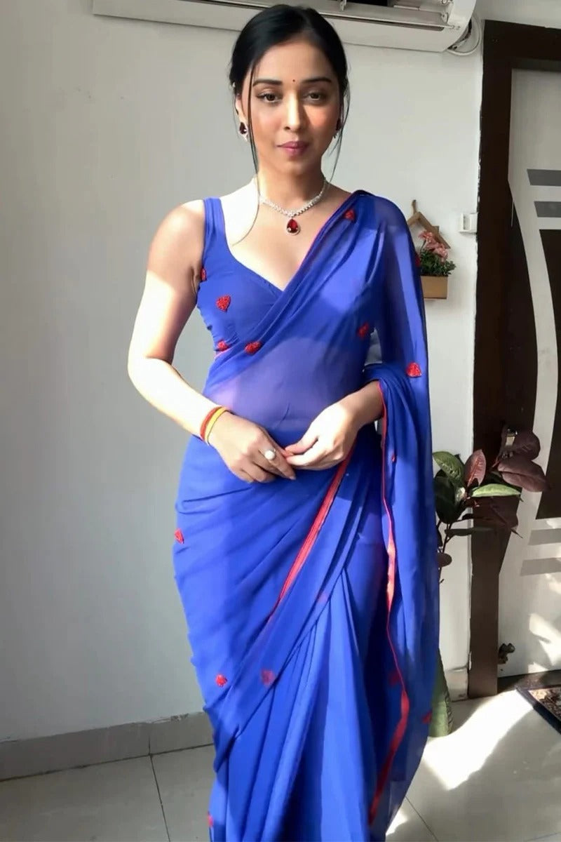 Devastating 1-Minute Ready To Wear Blue Georgette Saree