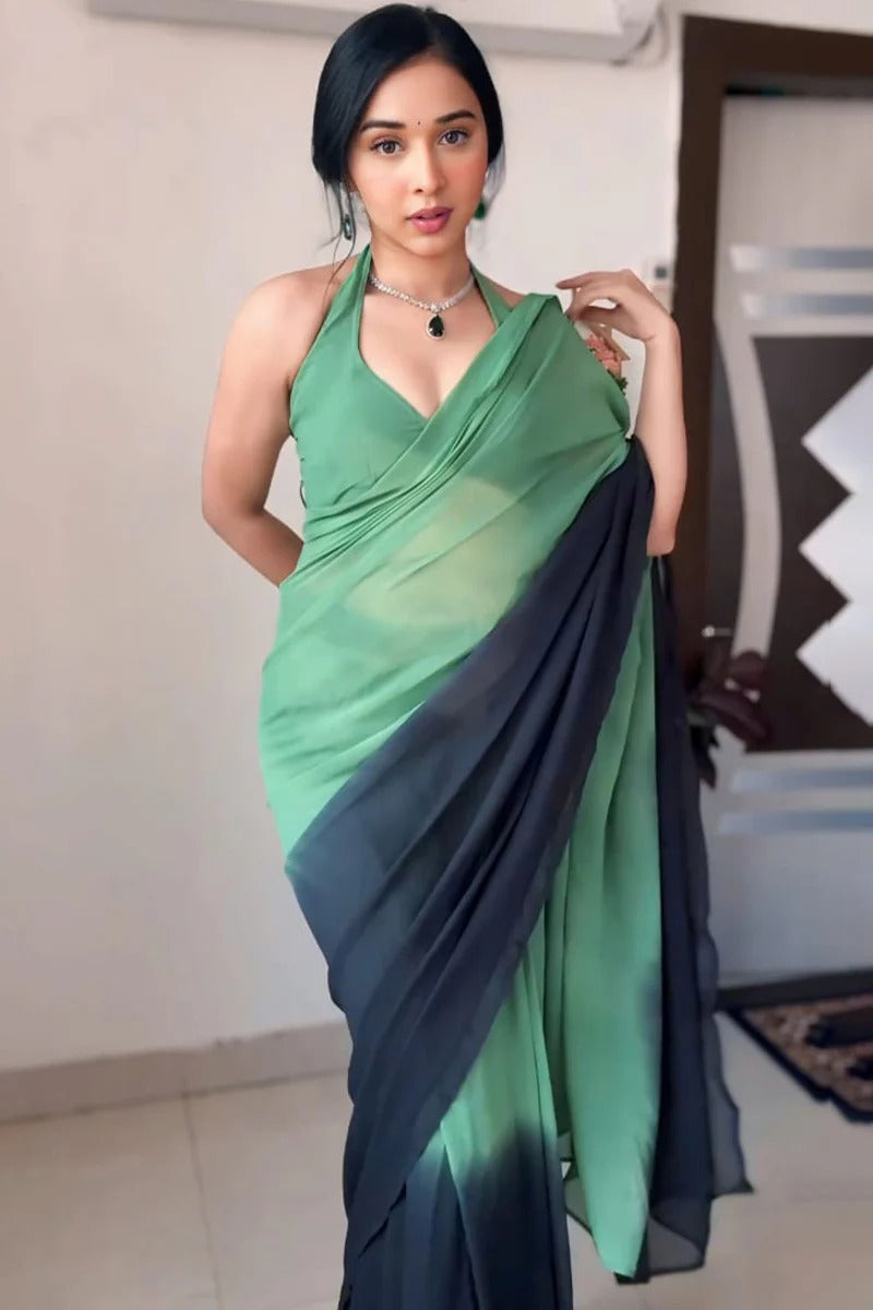 Epiphany 1-Minute Ready To Wear Green And Black Georgette Saree