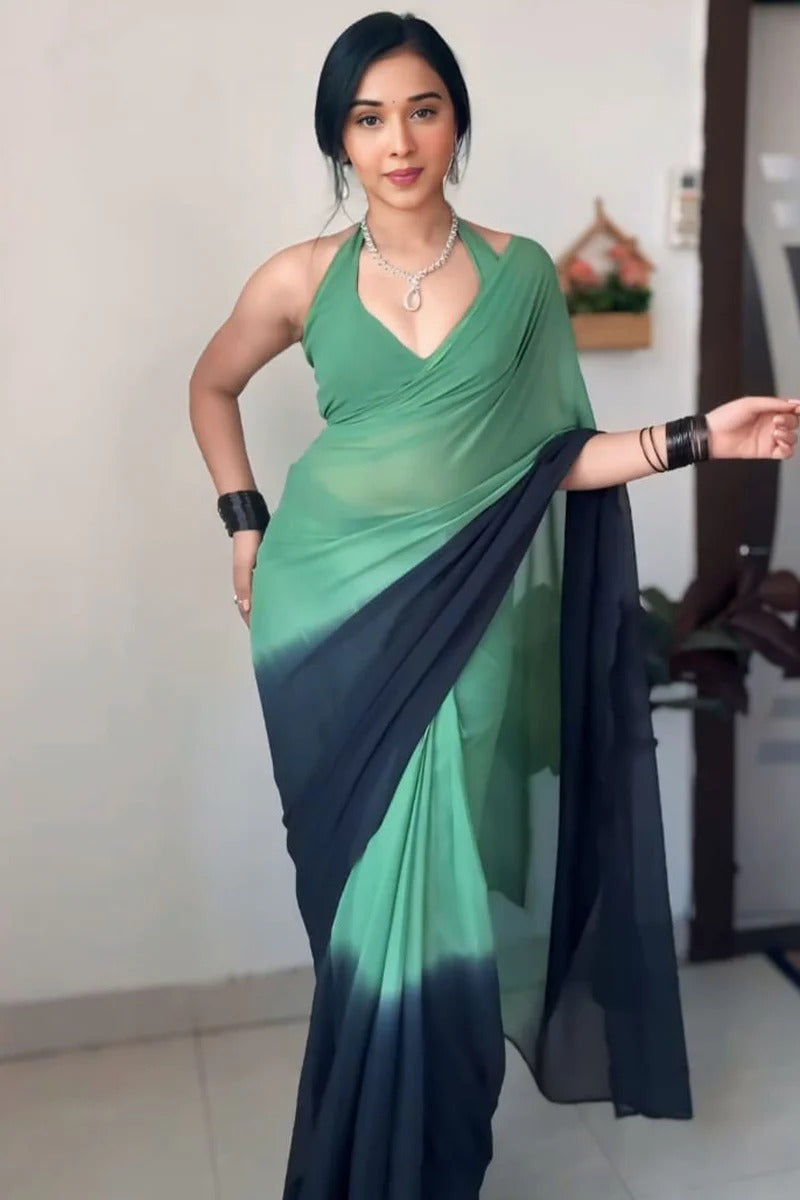 Epiphany 1-Minute Ready To Wear Green And Black Georgette Saree