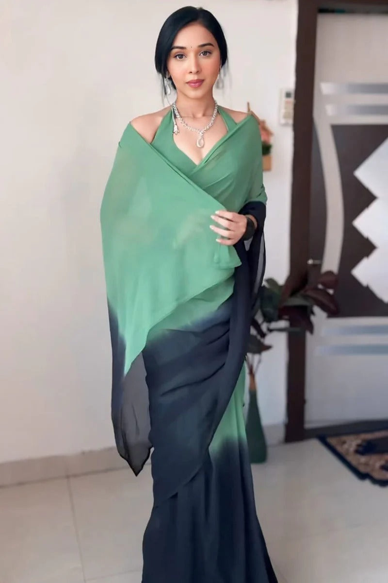 Epiphany 1-Minute Ready To Wear Green And Black Georgette Saree