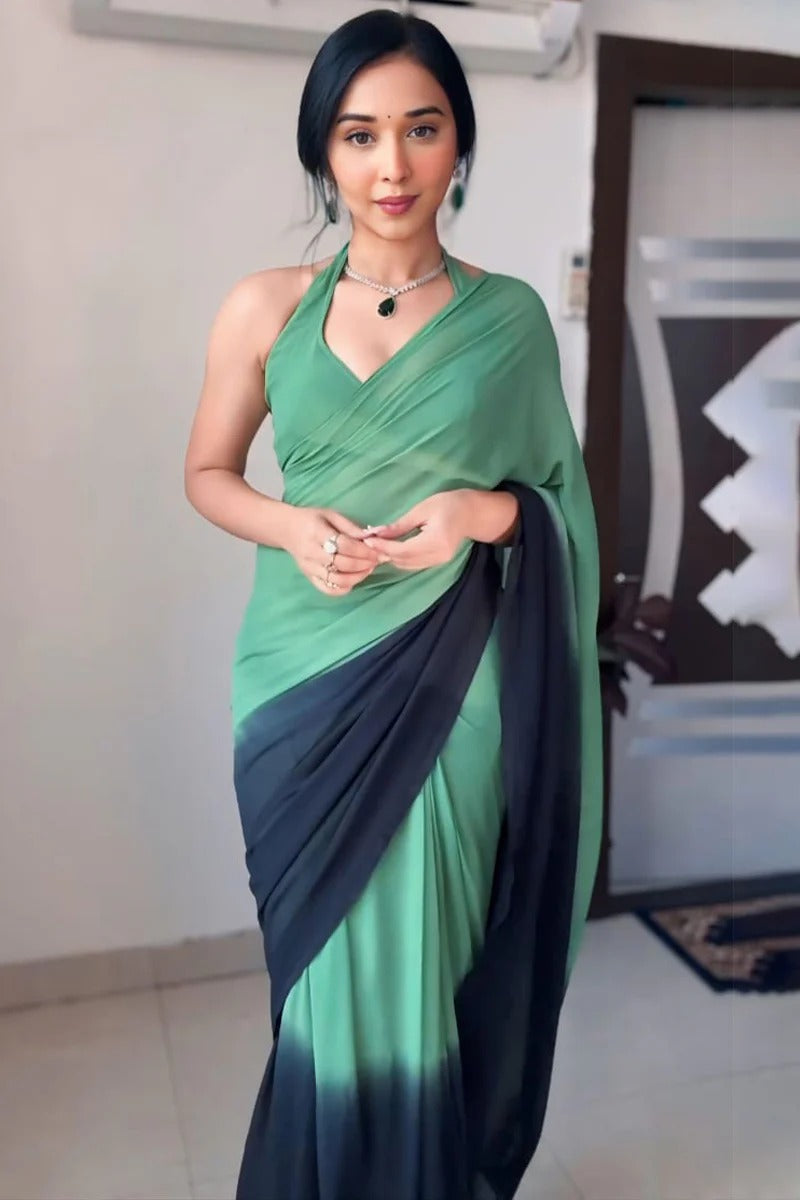 Epiphany 1-Minute Ready To Wear Green And Black Georgette Saree