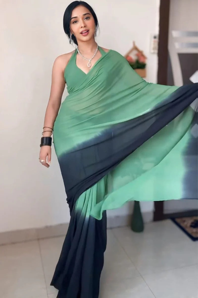 Epiphany 1-Minute Ready To Wear Green And Black Georgette Saree