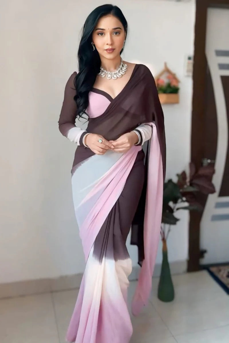 Sumptuous 1-Minute Ready To Wear Brown and Pink Georgette Saree