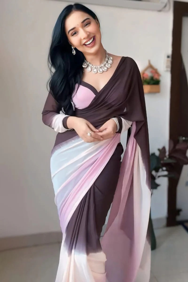 Sumptuous 1-Minute Ready To Wear Brown and Pink Georgette Saree