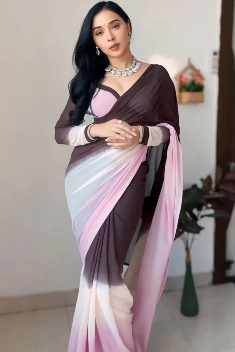 Sumptuous 1-Minute Ready To Wear Brown and Pink Georgette Saree