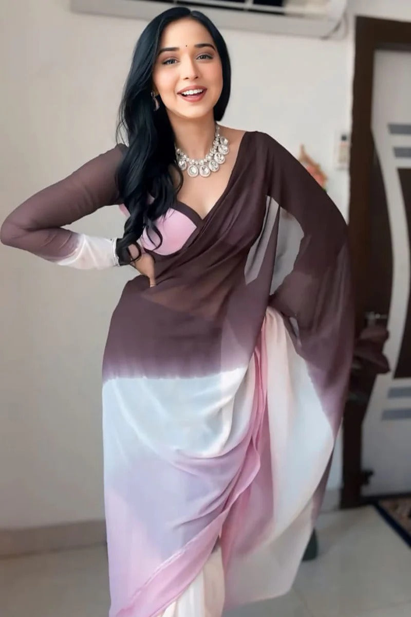 Sumptuous 1-Minute Ready To Wear Brown and Pink Georgette Saree