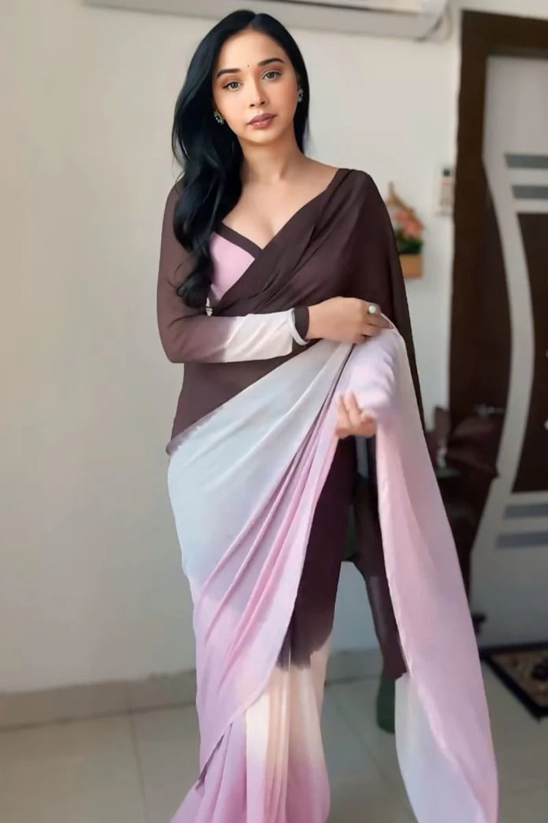 Sumptuous 1-Minute Ready To Wear Brown and Pink Georgette Saree