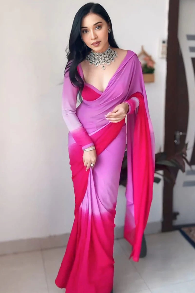 Intricate 1-Minute Ready To Wear Lavender Georgette Saree