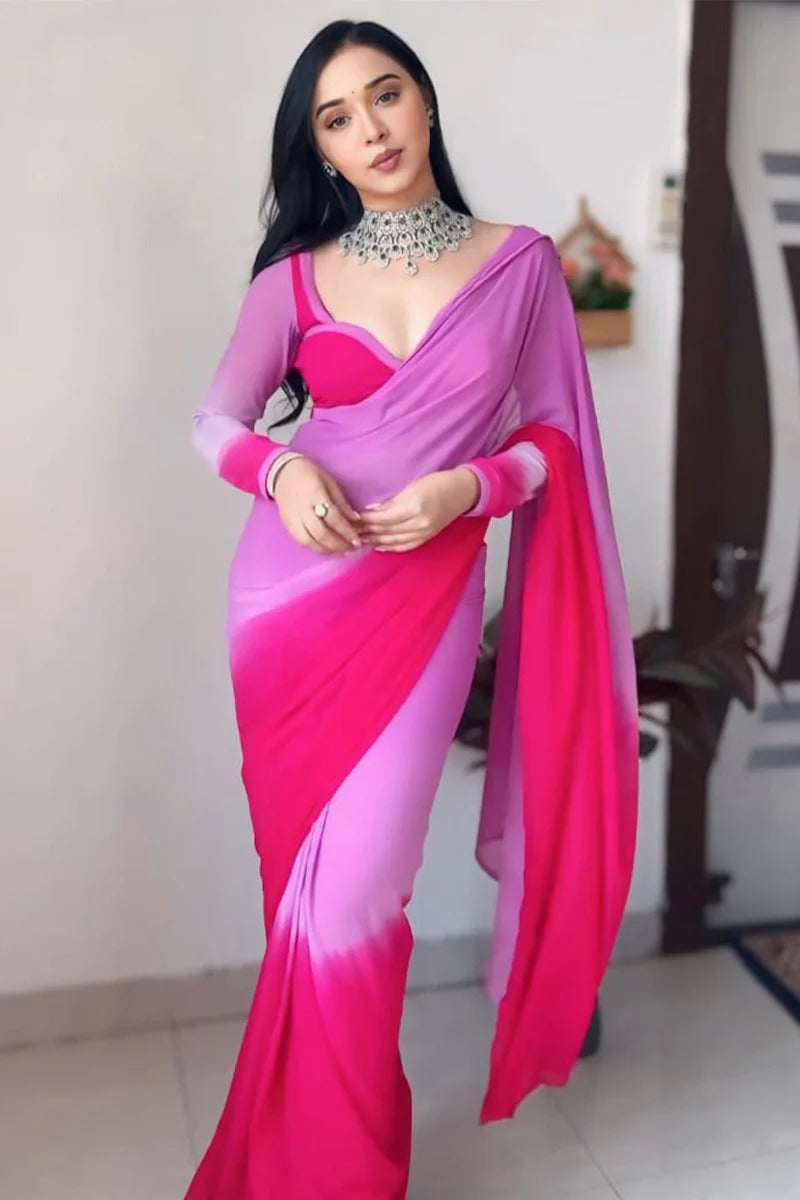 Intricate 1-Minute Ready To Wear Lavender Georgette Saree