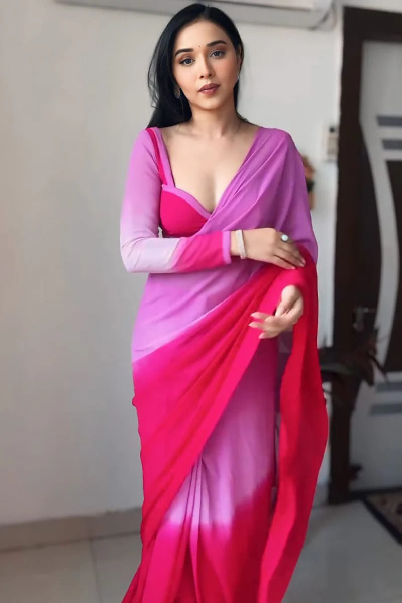 Intricate 1-Minute Ready To Wear Lavender Georgette Saree