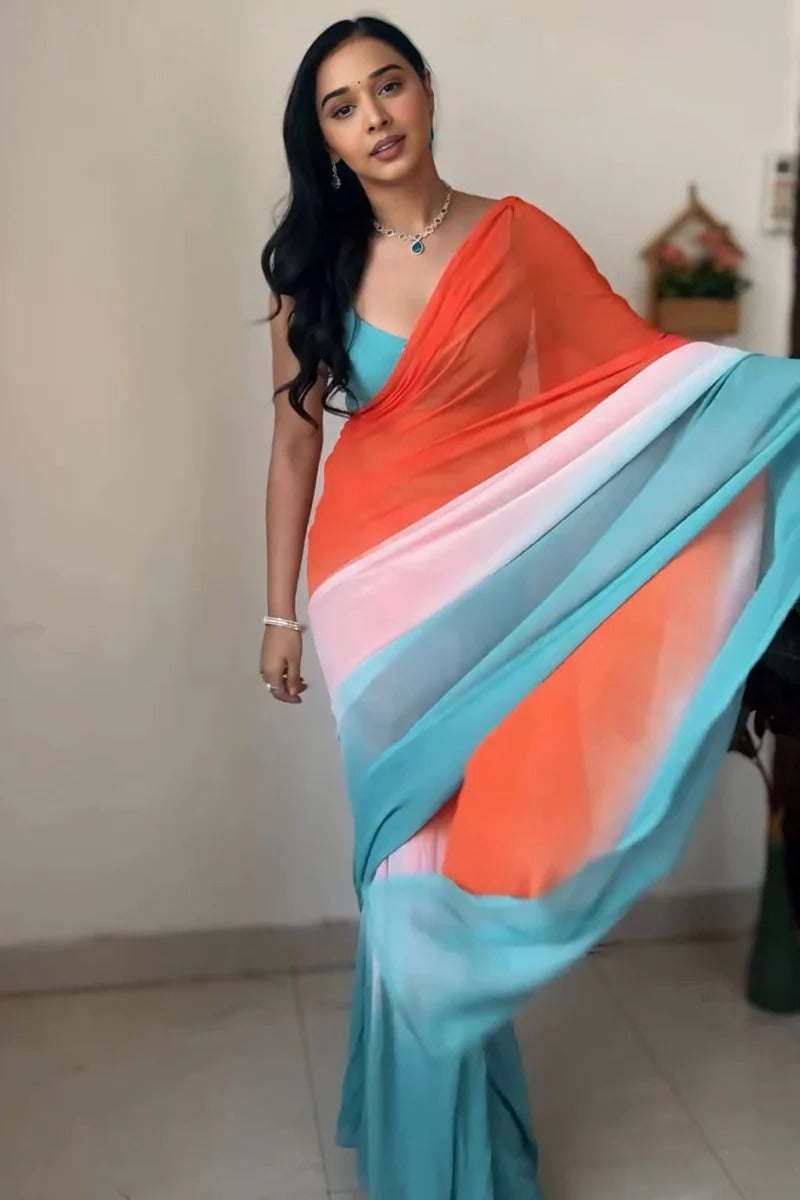 Ethnic 1-Minute Ready To Wear Orange And Firozi Georgette Saree