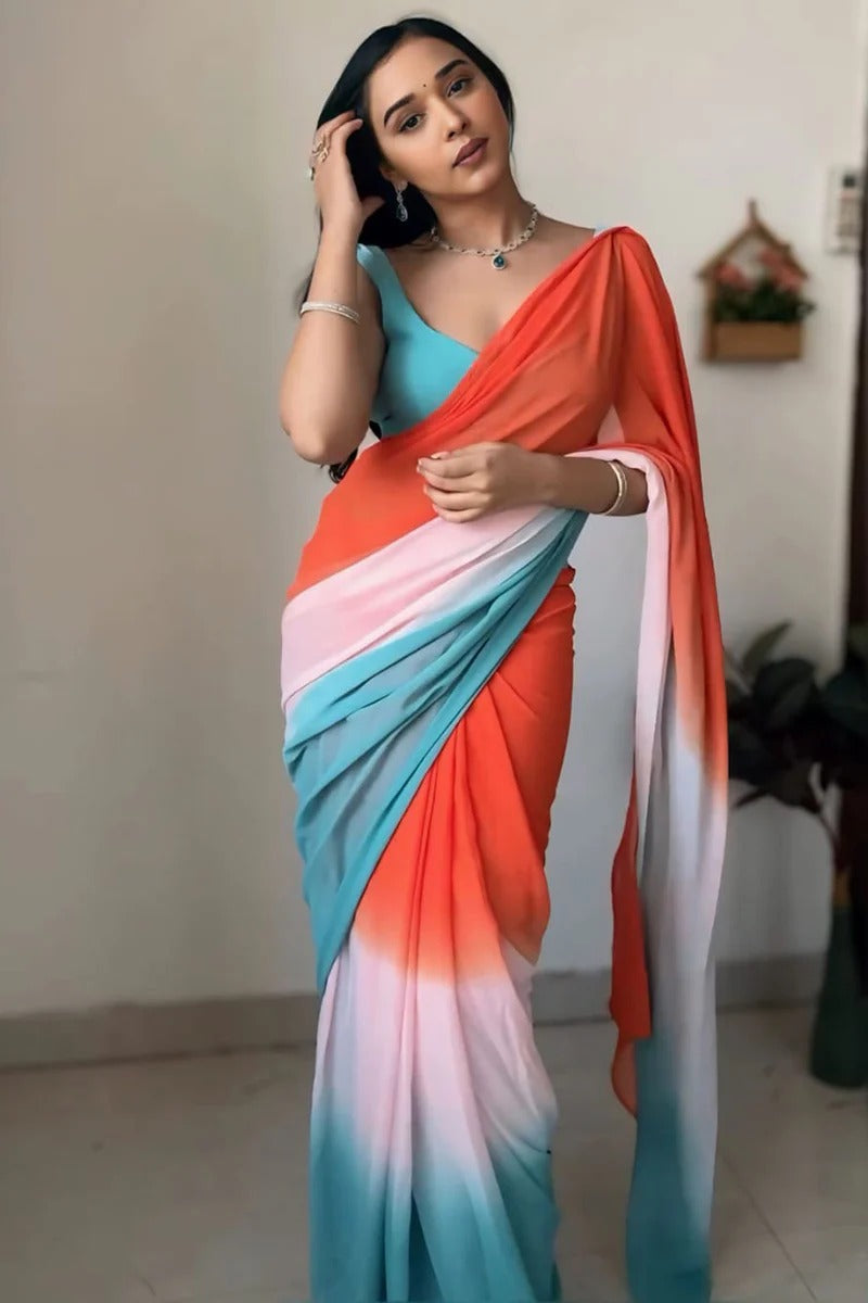 Ethnic 1-Minute Ready To Wear Orange And Firozi Georgette Saree