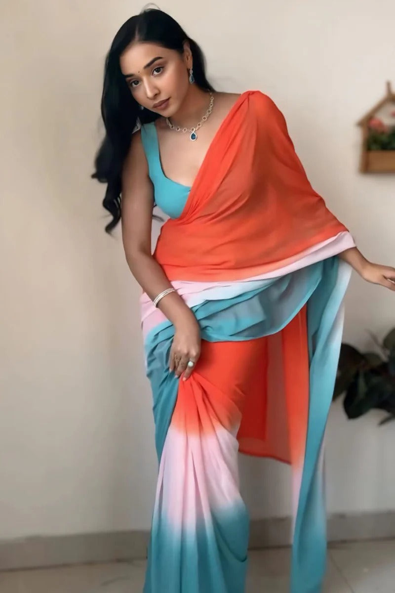 Ethnic 1-Minute Ready To Wear Orange And Firozi Georgette Saree