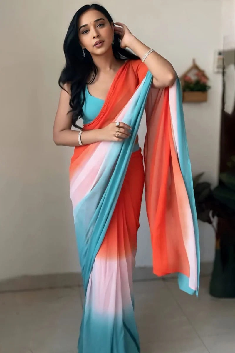 Ethnic 1-Minute Ready To Wear Orange And Firozi Georgette Saree