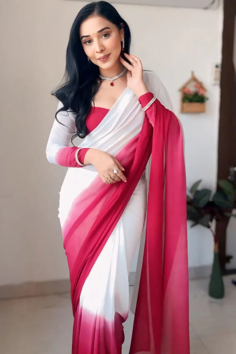 Epiphany 1-Minute Ready To Wear Dark Pink And White Georgette Saree