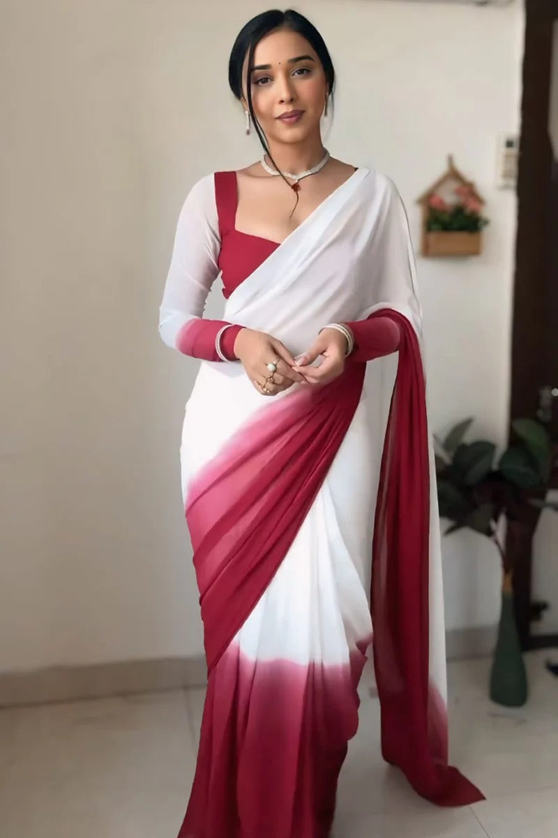 Epiphany 1-Minute Ready To Wear Dark Pink And White Georgette Saree