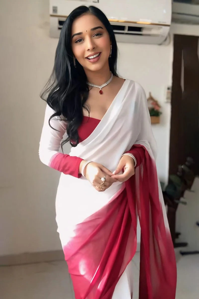 Epiphany 1-Minute Ready To Wear Dark Pink And White Georgette Saree