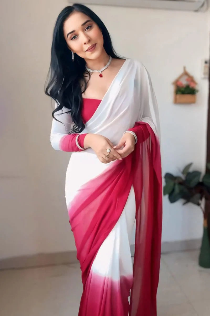 Epiphany 1-Minute Ready To Wear Dark Pink And White Georgette Saree