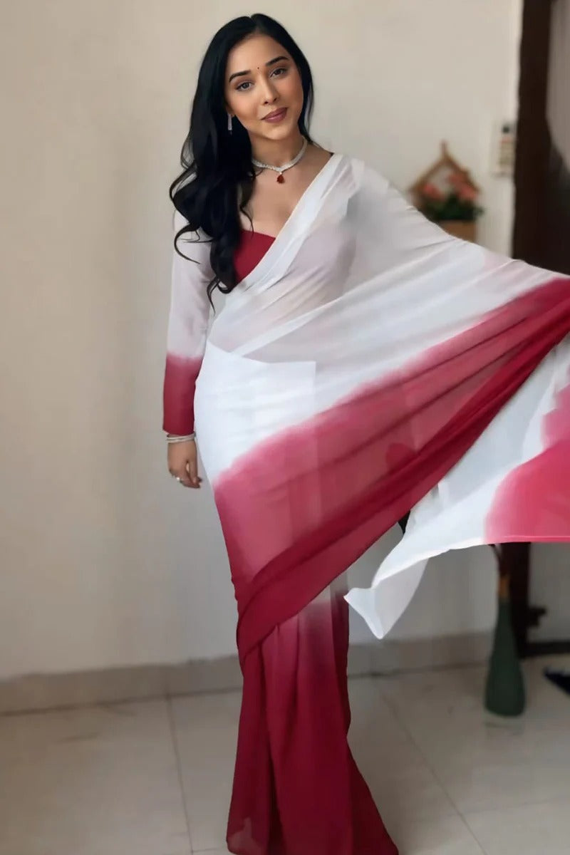 Epiphany 1-Minute Ready To Wear Dark Pink And White Georgette Saree