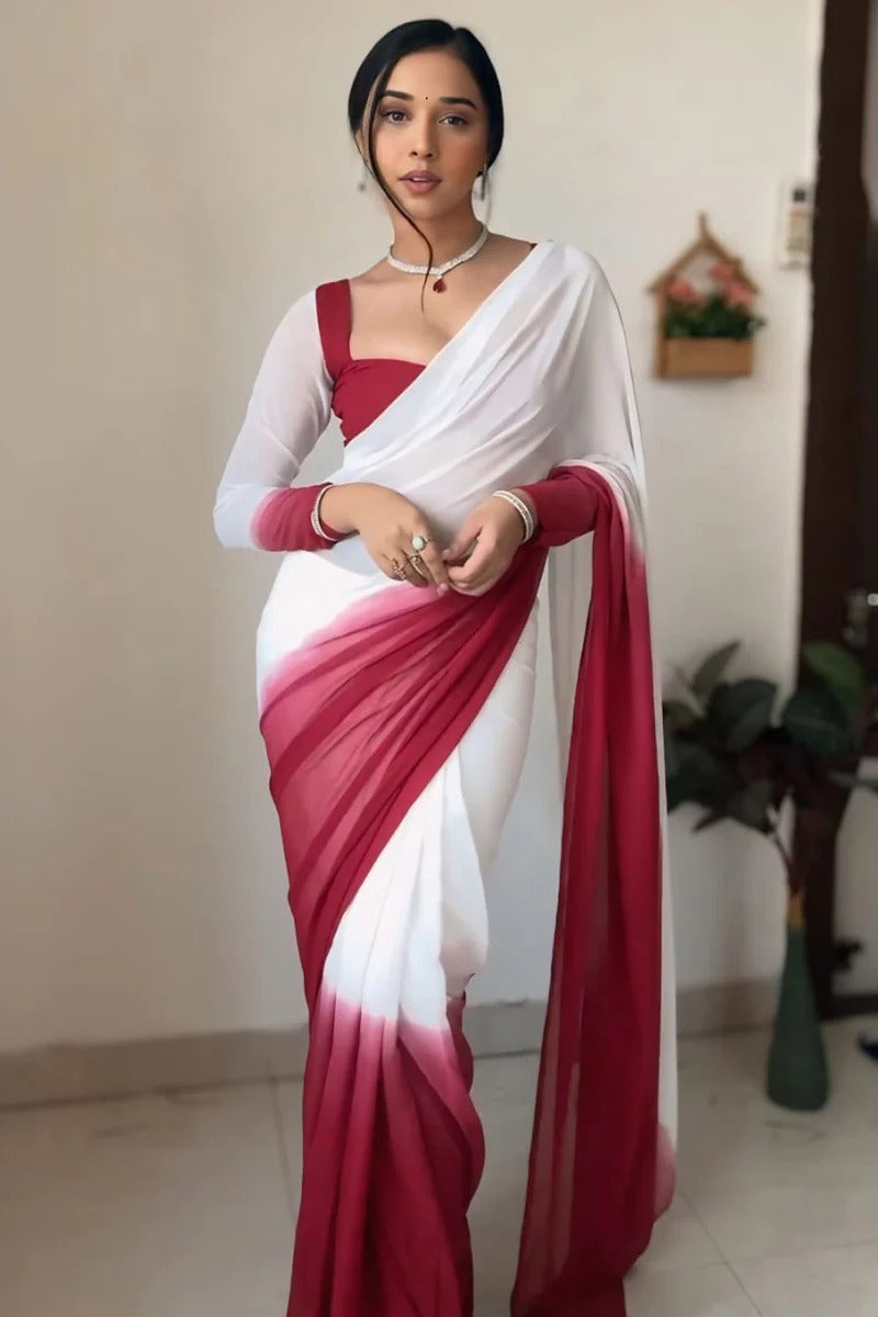 Epiphany 1-Minute Ready To Wear Dark Pink And White Georgette Saree