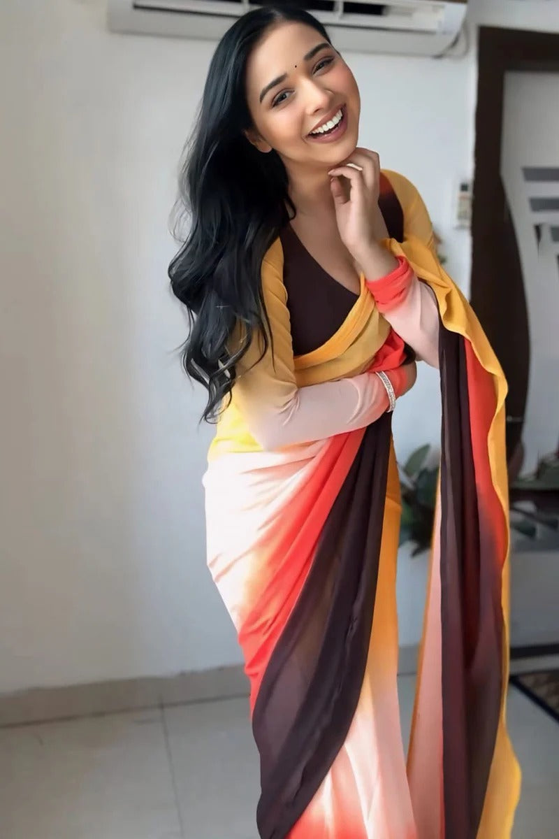 Fragrant 1-Minute Ready To Wear Yellow And Brown Georgette Saree