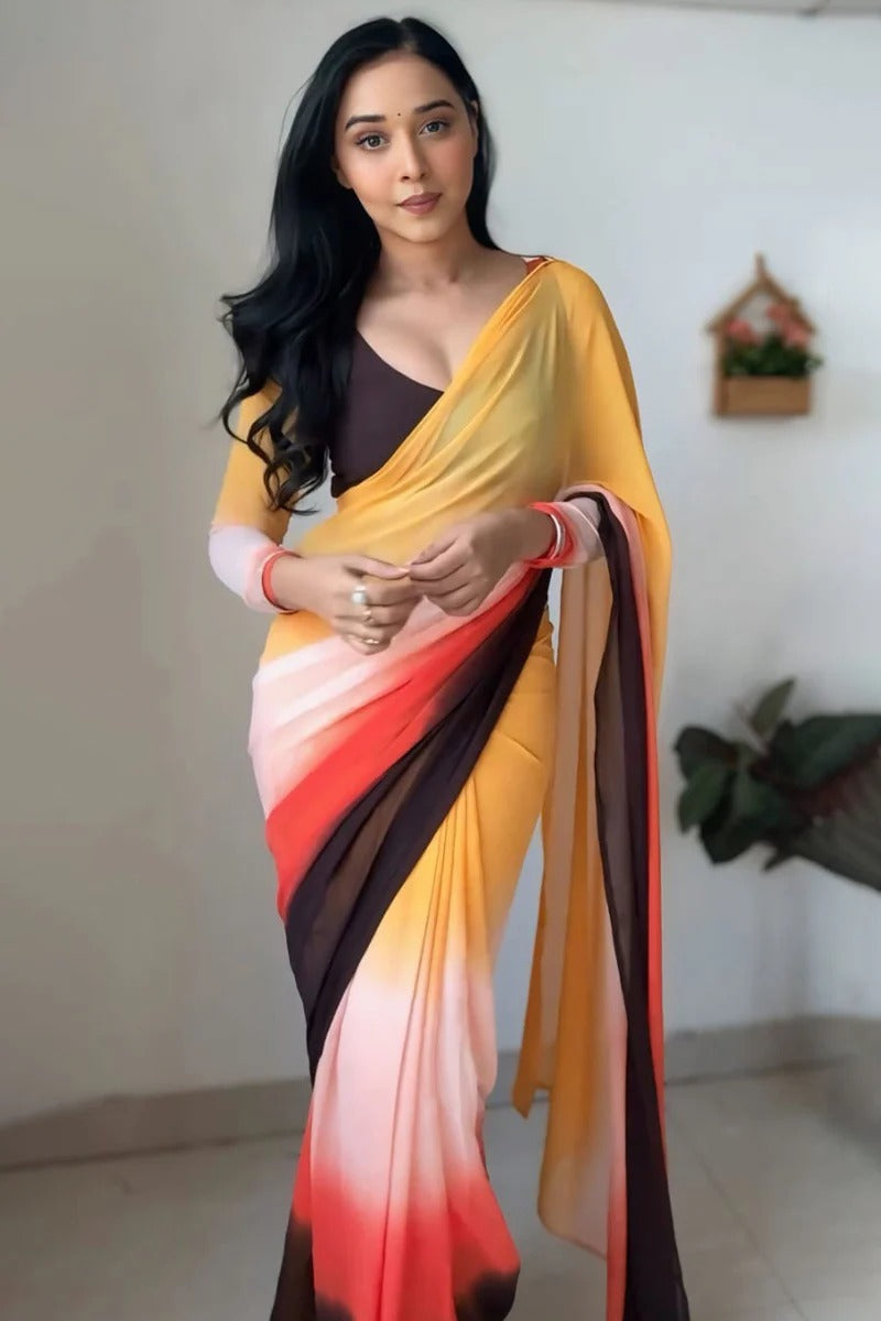 Fragrant 1-Minute Ready To Wear Yellow And Brown Georgette Saree