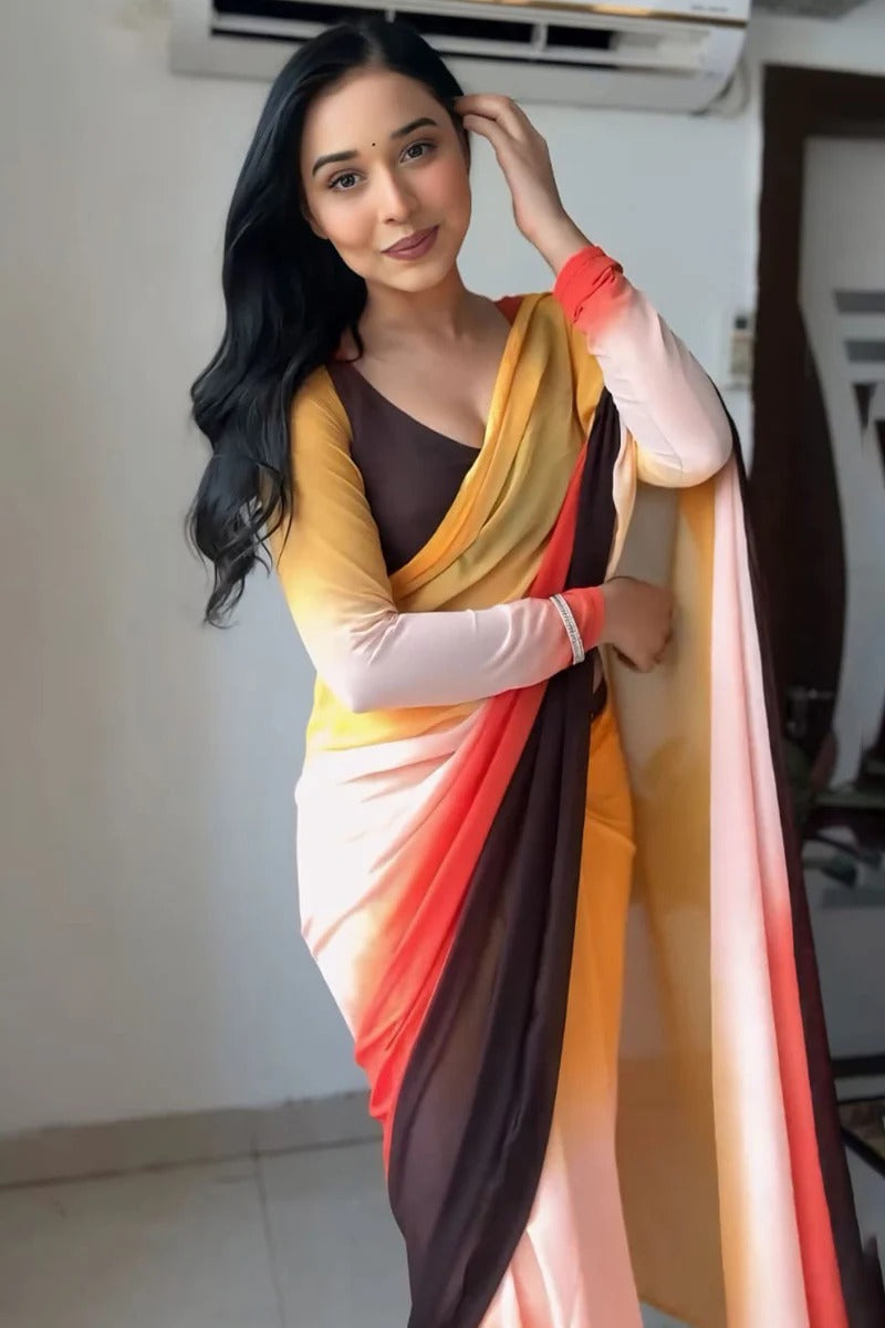 Fragrant 1-Minute Ready To Wear Yellow And Brown Georgette Saree