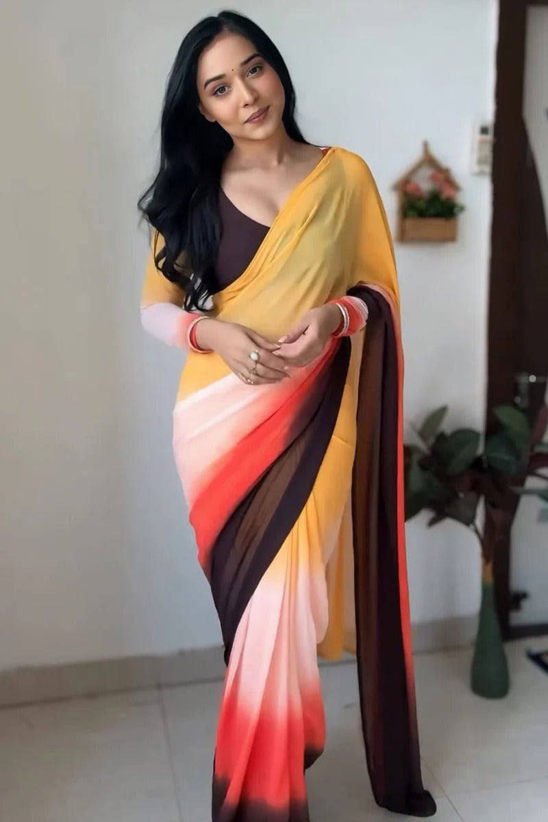 Fragrant 1-Minute Ready To Wear Yellow And Brown Georgette Saree