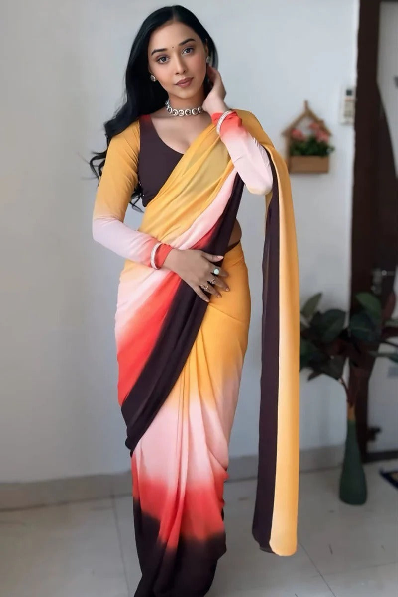 Fragrant 1-Minute Ready To Wear Yellow And Brown Georgette Saree