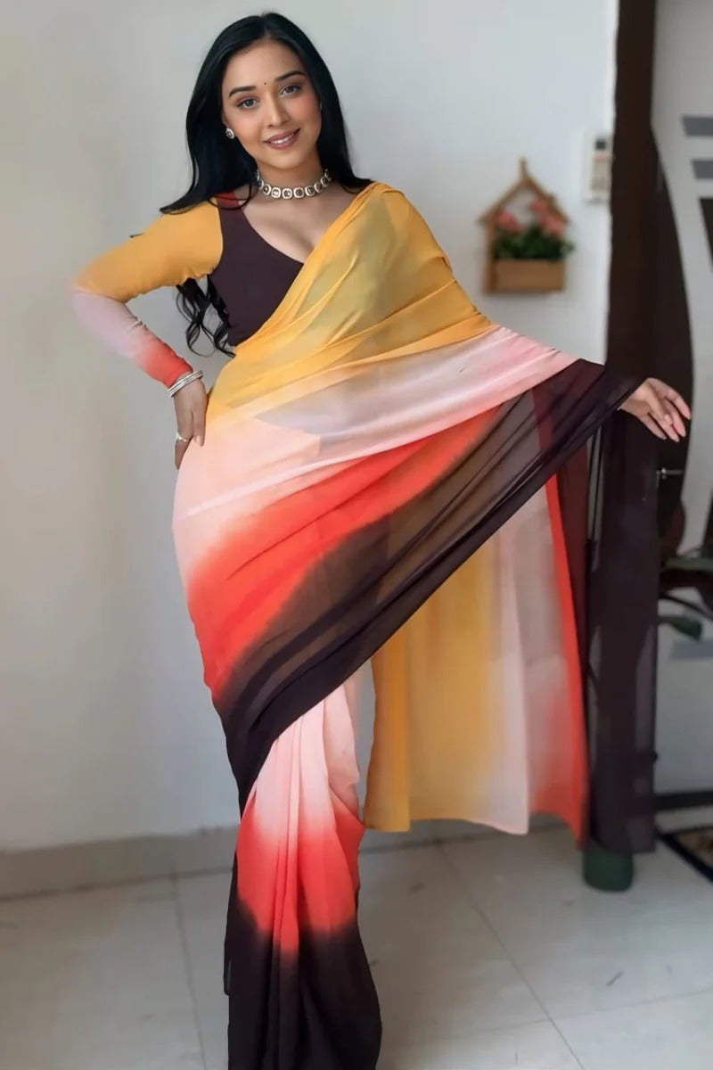 Fragrant 1-Minute Ready To Wear Yellow And Brown Georgette Saree