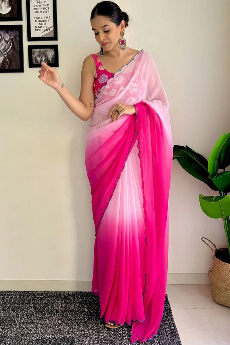 Lustrous 1-Minute Ready To Wear Dark Pink Georgette Saree