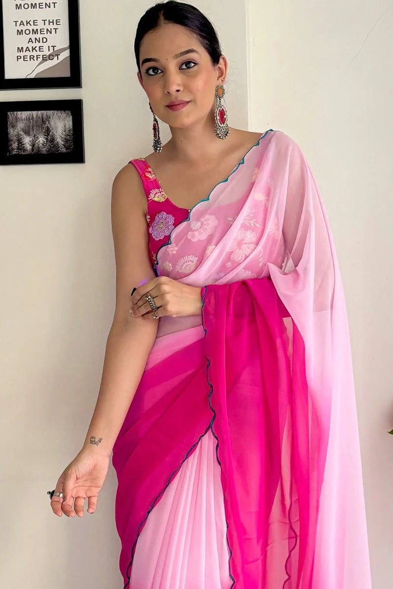 Lustrous 1-Minute Ready To Wear Dark Pink Georgette Saree