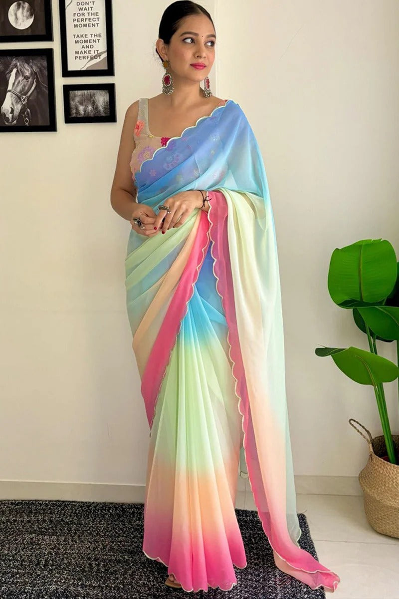 Evocative 1-Minute Ready To Wear Firozi And Pink Georgette Saree