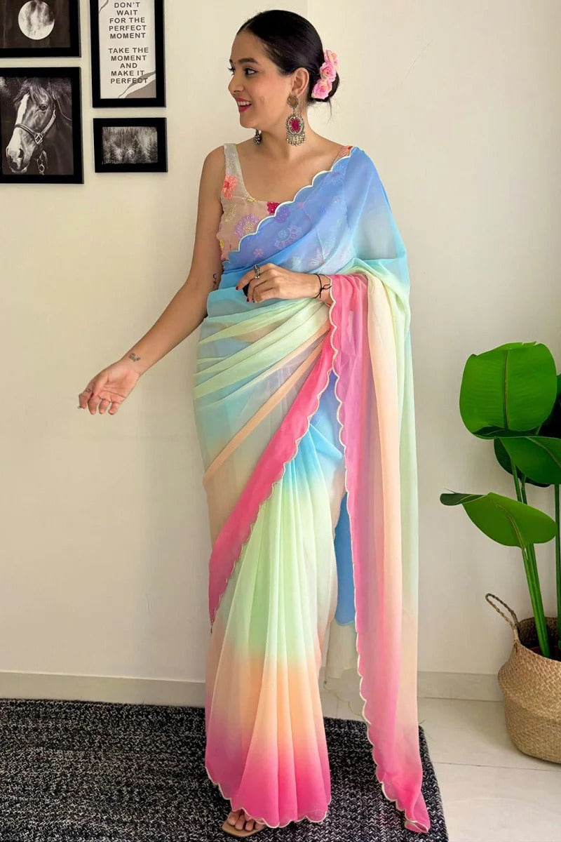 Evocative 1-Minute Ready To Wear Firozi And Pink Georgette Saree