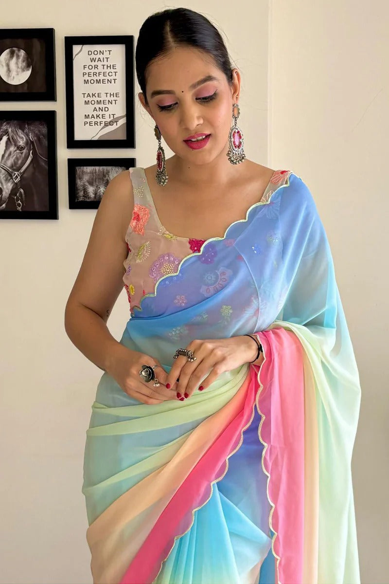 Evocative 1-Minute Ready To Wear Firozi And Pink Georgette Saree