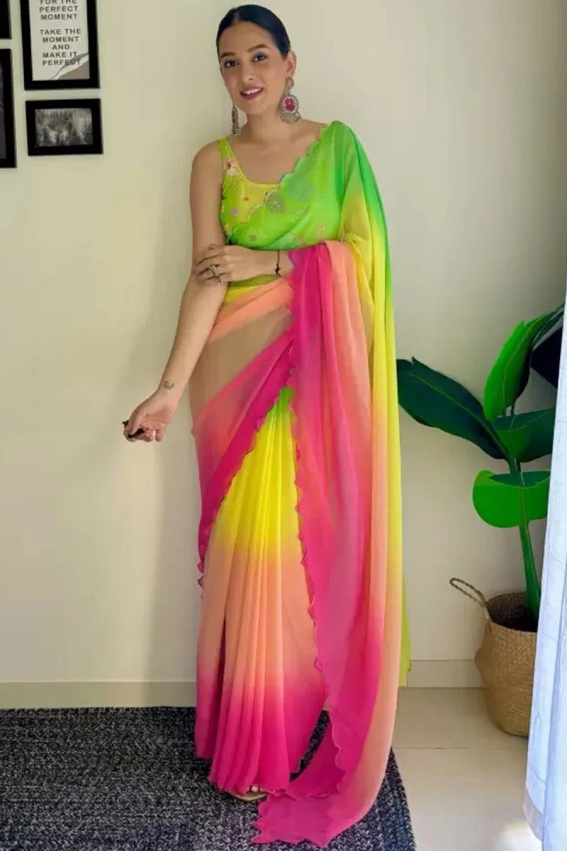 Smart 1-Minute Ready To Wear Green And Pink Georgette Saree