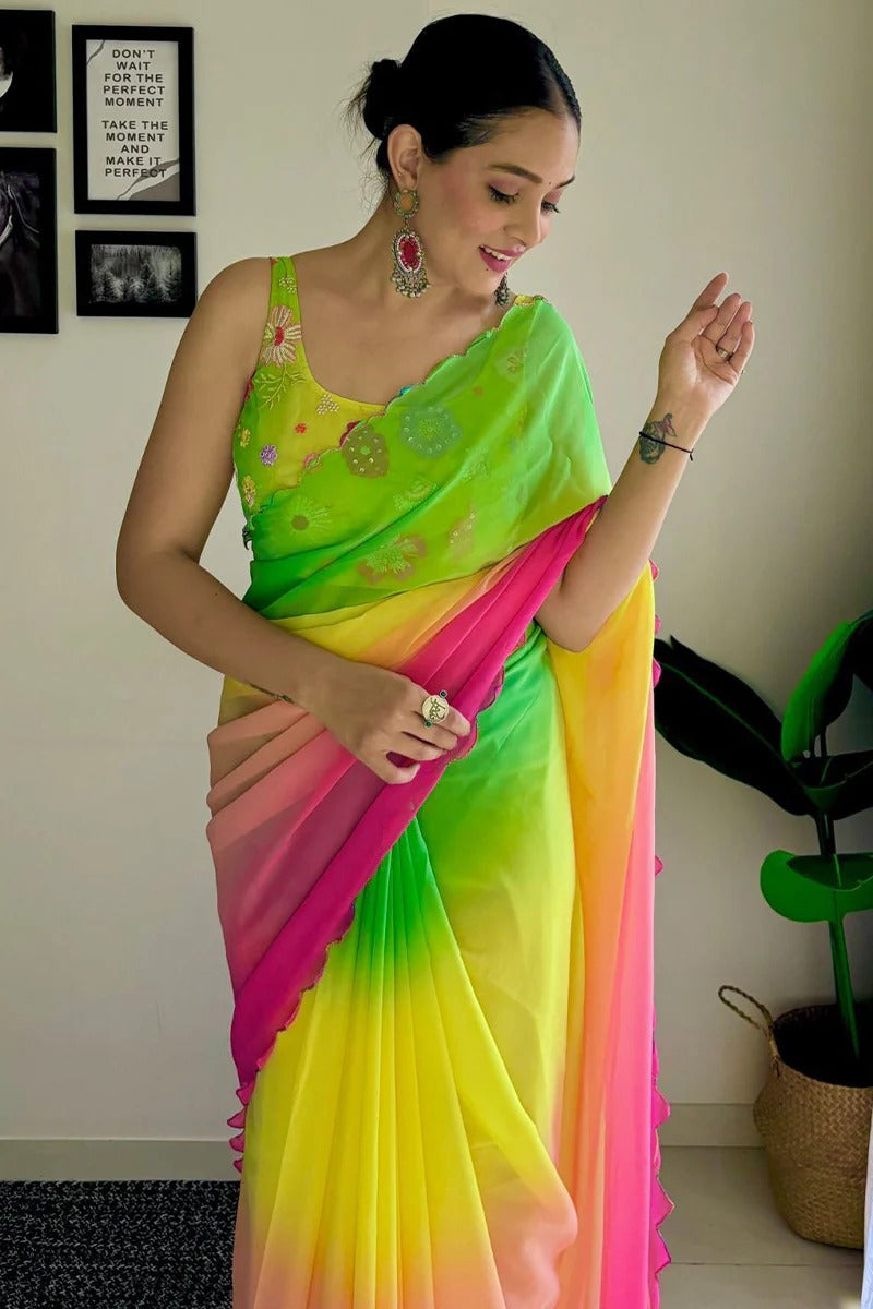 Smart 1-Minute Ready To Wear Green And Pink Georgette Saree