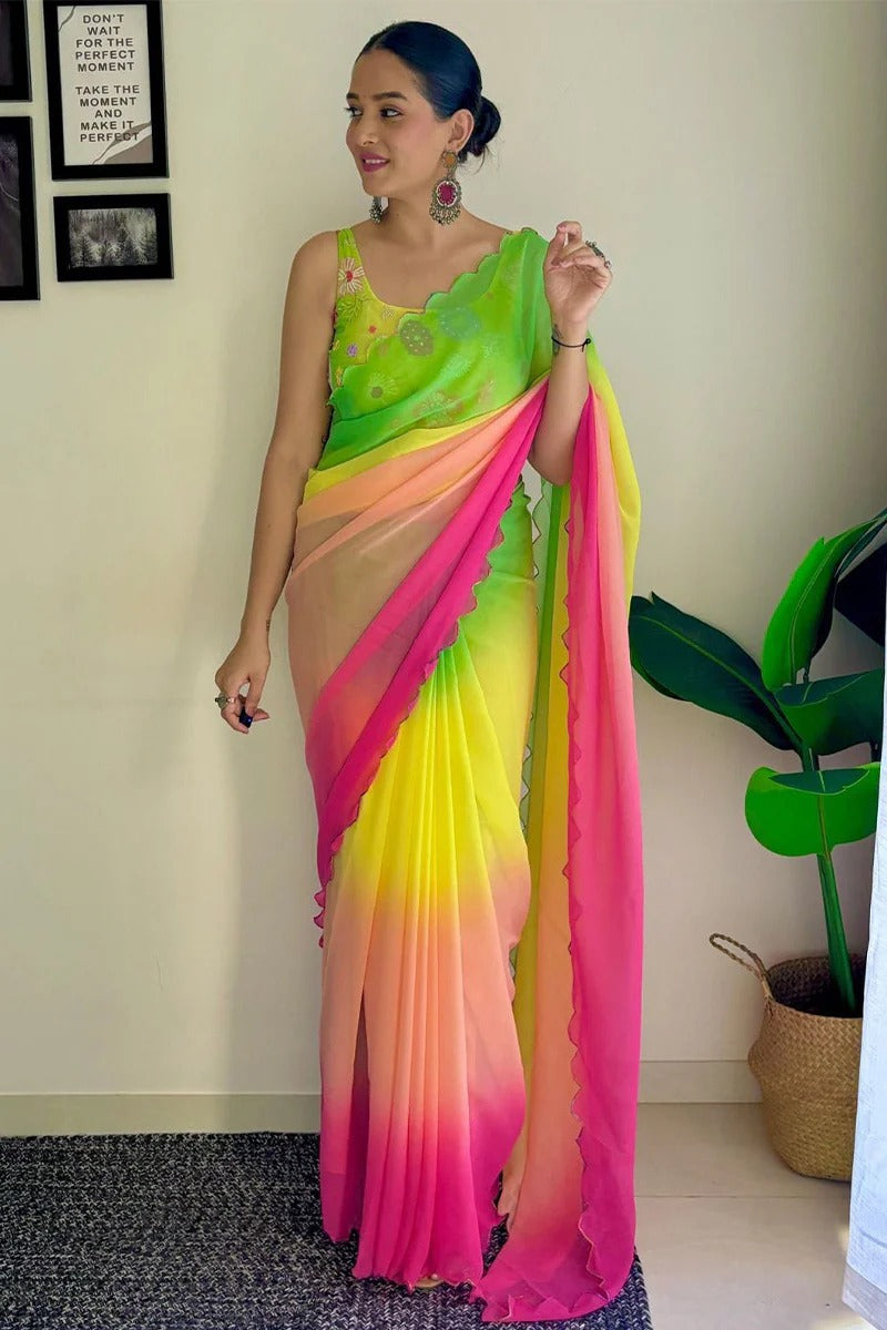 Smart 1-Minute Ready To Wear Green And Pink Georgette Saree