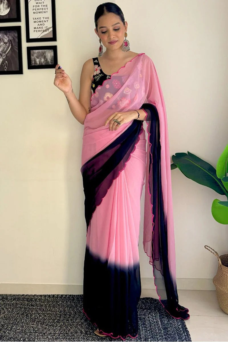 Designer 1-Minute Ready To Wear Pink And Blue Georgette Saree