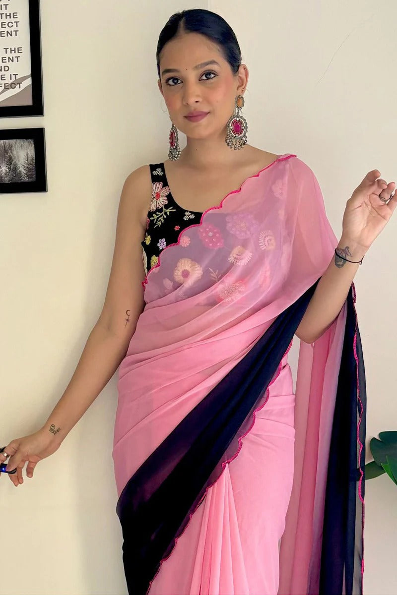 Designer 1-Minute Ready To Wear Pink And Blue Georgette Saree