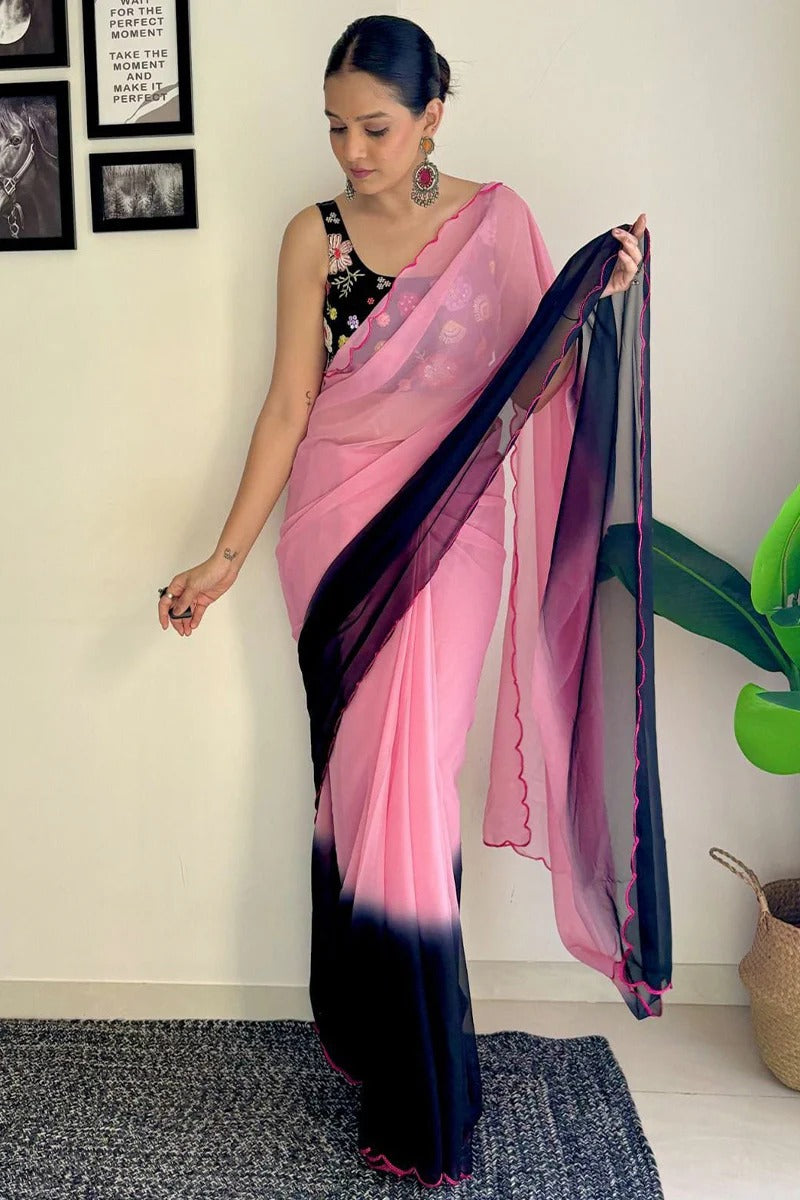 Designer 1-Minute Ready To Wear Pink And Blue Georgette Saree