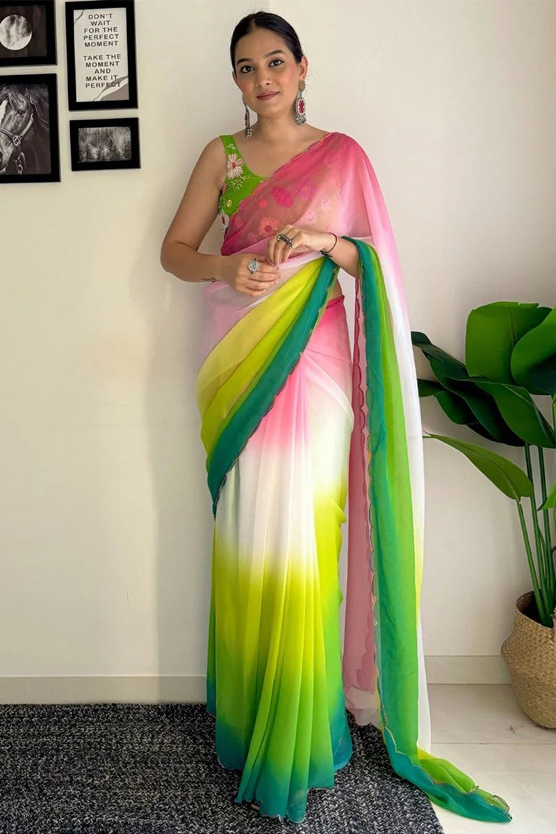 Amiable 1-Minute Ready To Wear Pink And Parrot Georgette Saree