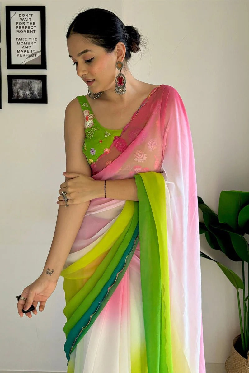 Amiable 1-Minute Ready To Wear Pink And Parrot Georgette Saree