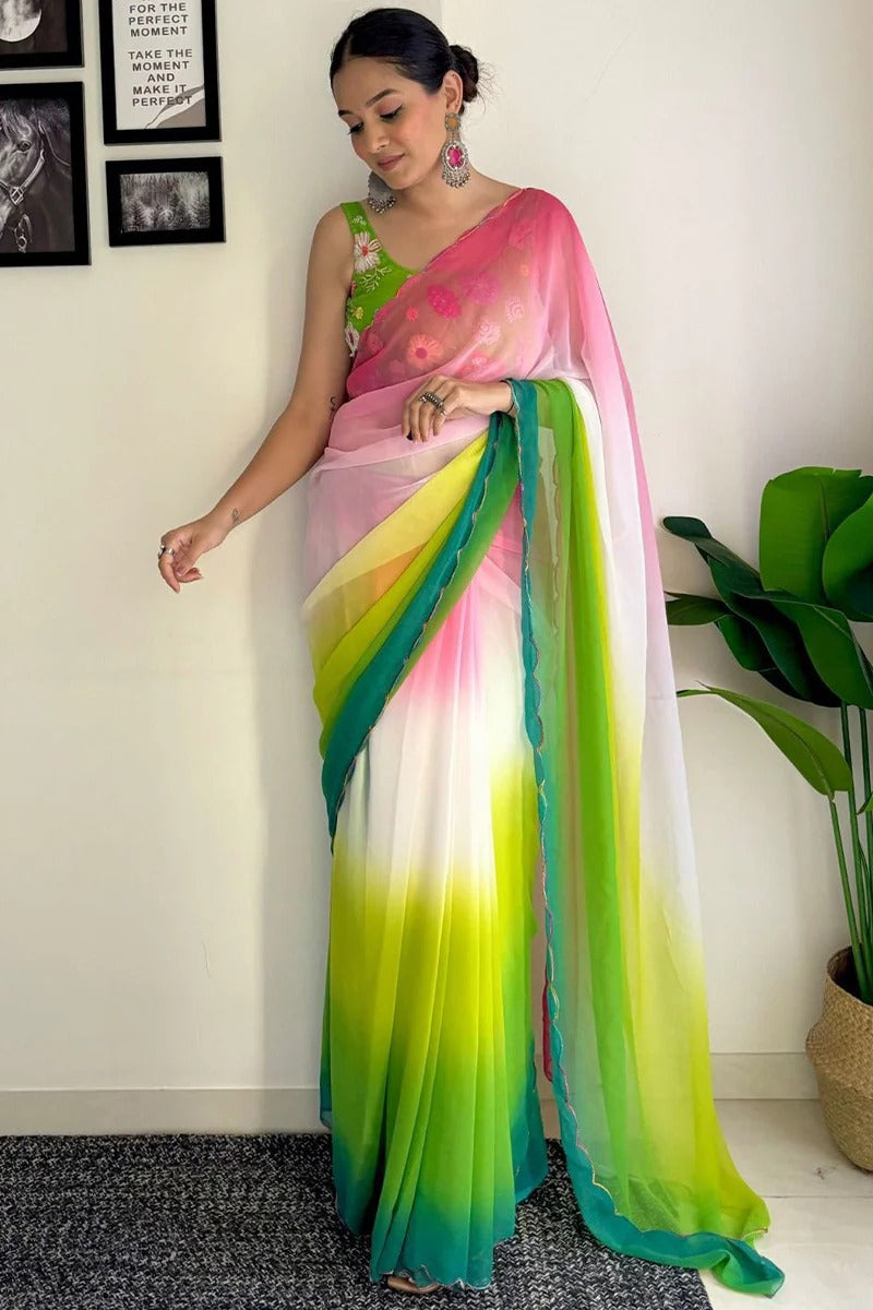 Amiable 1-Minute Ready To Wear Pink And Parrot Georgette Saree