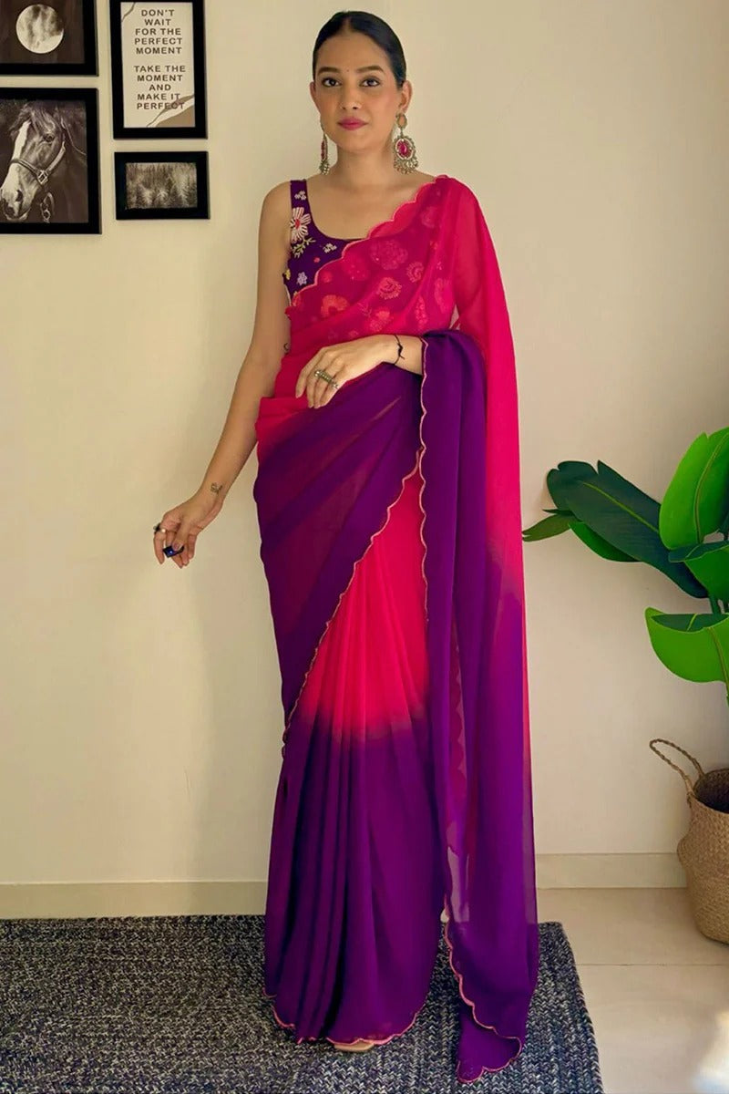 Cynosure 1-Minute Ready To Wear Pink And Purple Georgette Saree