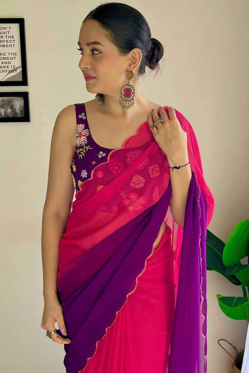 Cynosure 1-Minute Ready To Wear Pink And Purple Georgette Saree